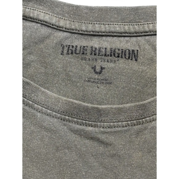 True Religion Youth Large Stripe Logo T Shirt Olive Green Graphic Tee Kids - Picture 3 of 5